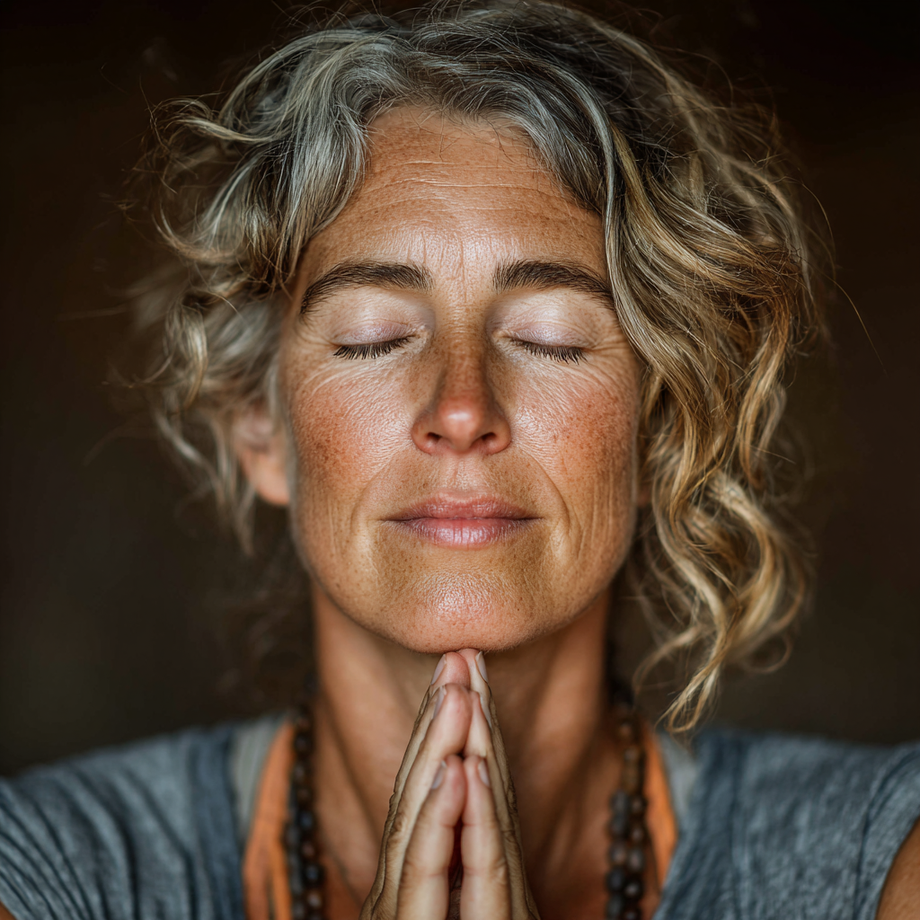 Mature woman around 45 years old in comfortable yoga pose with peaceful expression, demonstrating beginner-friendly yoga practice