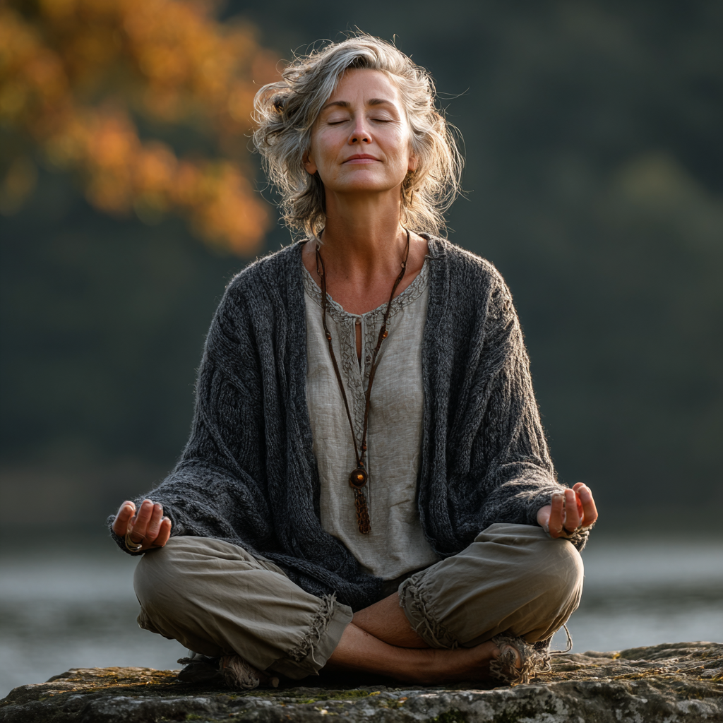 Peaceful woman in her forties practicing yoga in lotus position outdoors surrounded by nature