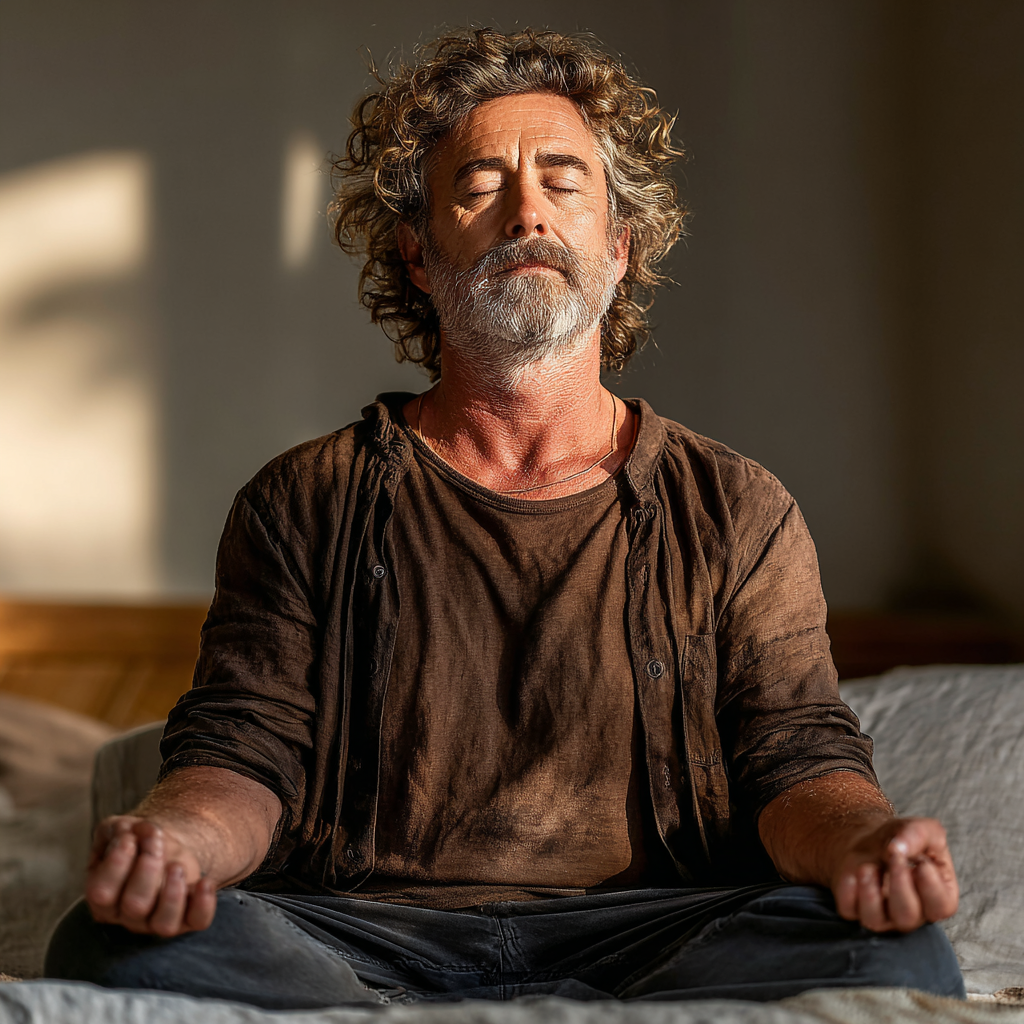 Serene man in his early fifties sitting cross-legged in meditation pose with eyes closed, surrounded by soft natural lighting